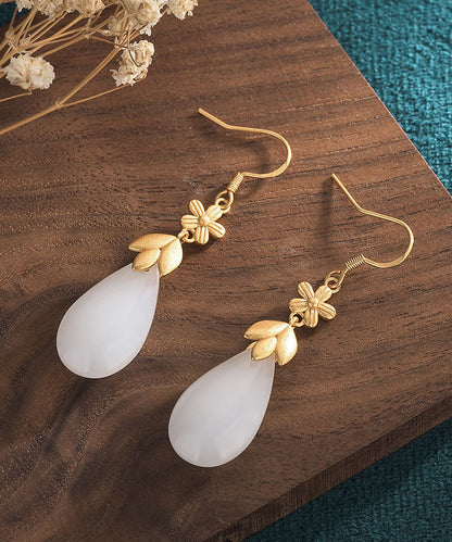 Classy White Ancient Gold Jade Water Drop Drop Earrings