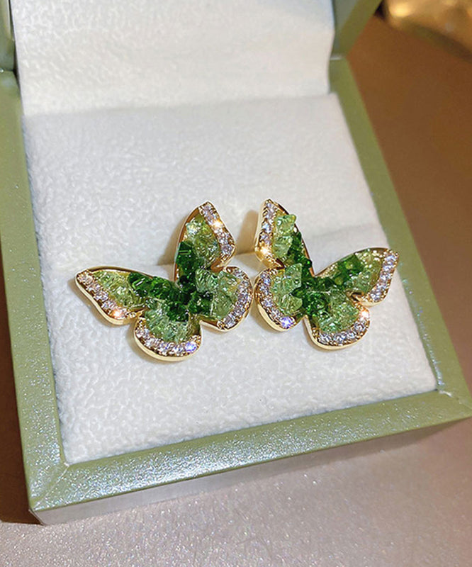Green Copper Zircon Crystal Butterfly Stud Earrings