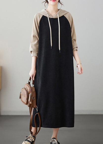 Black Patchwork Cotton Hooded Sweatshirt Dresses Fall