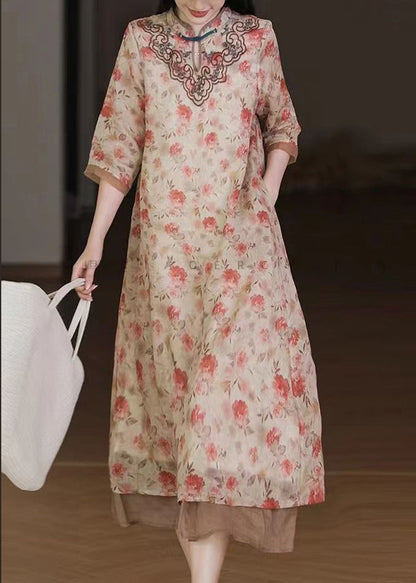 Apricot Embroideried Print Patchwork Linen Dresses Half Sleeve