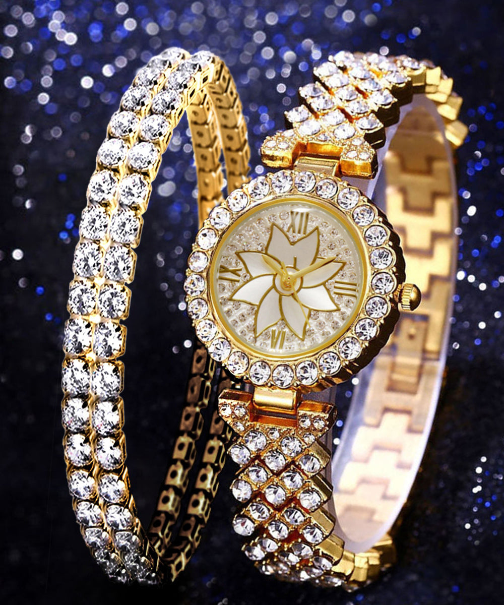 Style Rose Gold Stainless Steel Zircon Starry Sky Watch and Bracelet Two Piece Set