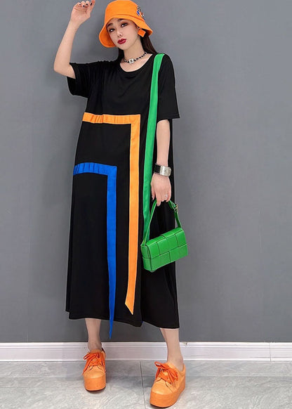 Stylish Black O-neck Rainbow Applique Cotton Lengthen Dress Short Sleeve