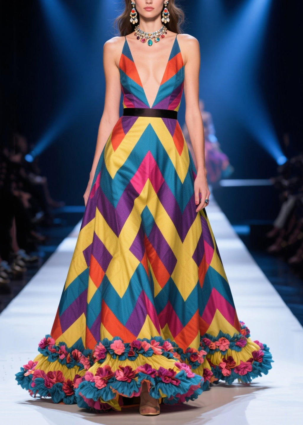 Colorblock Print Flower Decorated Silk Maxi Dress Summer
