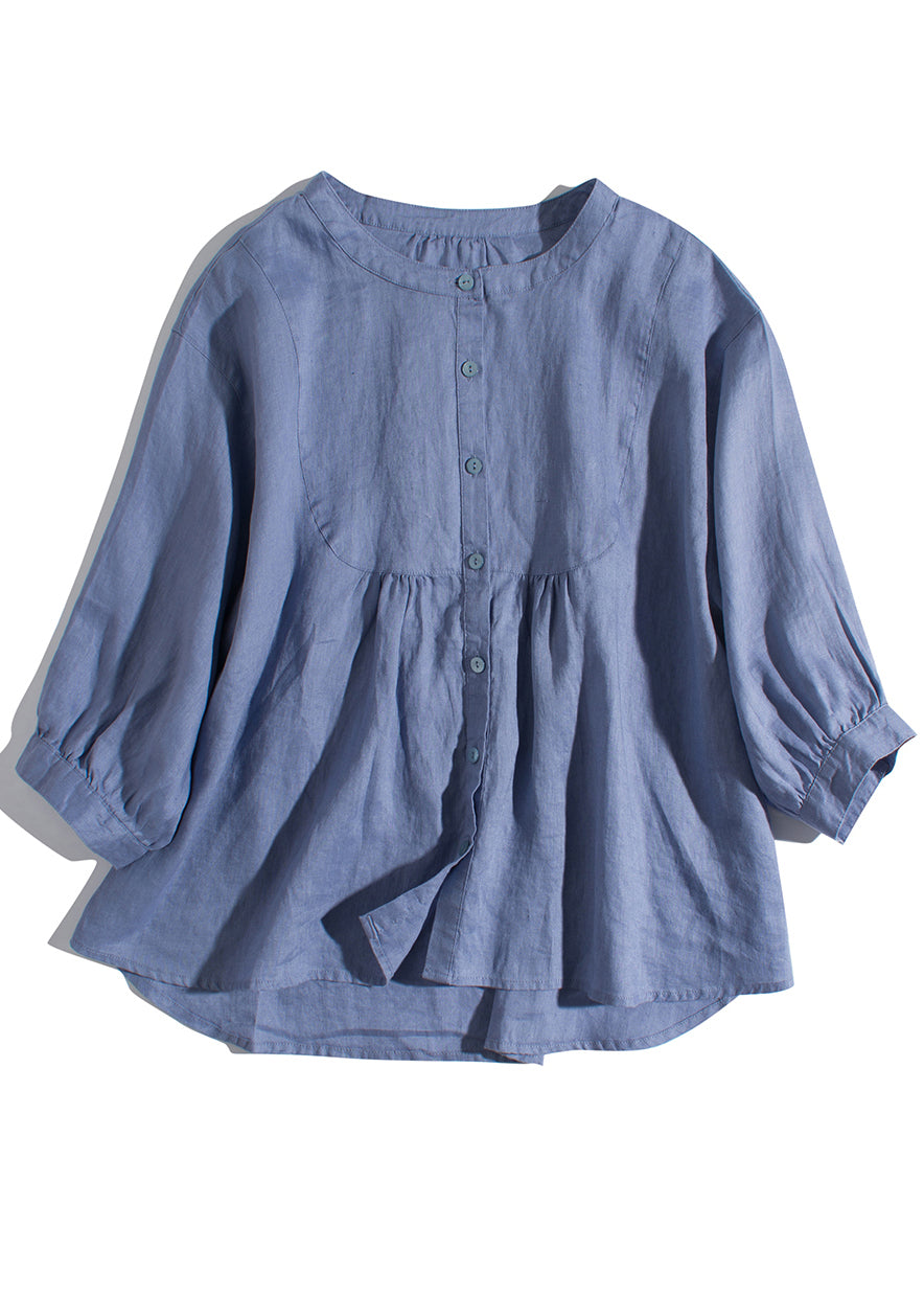 New Pink O-neck Button Linen Blouses Bracelet Sleeve