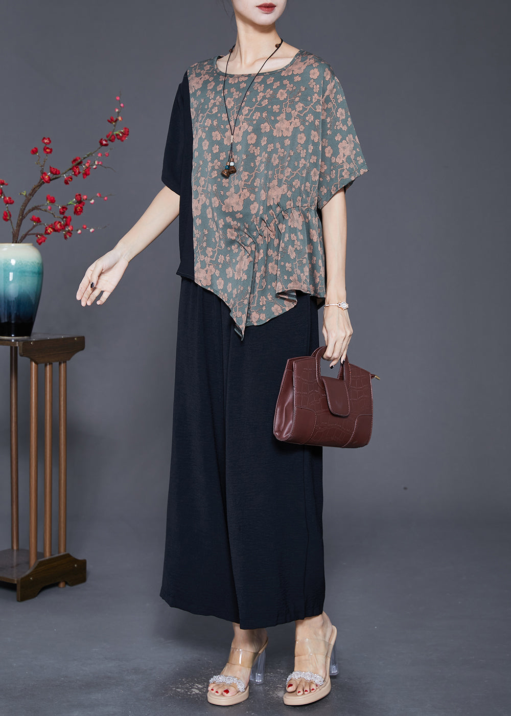 Asymmetrical Patchwork Print Silk Two-piece Set Fall
