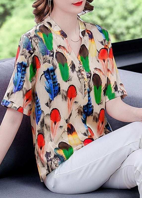 Khaki V Neck Print Silk Shirt Tops Short Sleeve