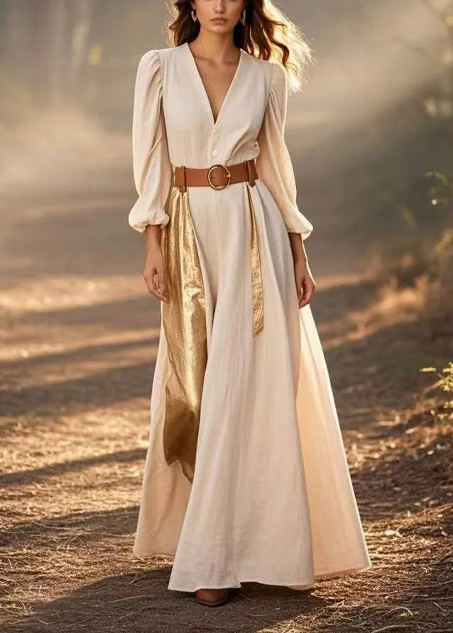 Apricot Asymmetrical Patchwork Cotton Cinched Dress Spring