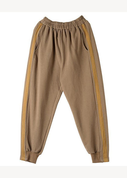 Khaki Pockets Elastic Waist Warm Fleece Beam Pants Winter