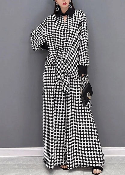 Modern Light Grey Peter Pan Collar Patchwork Chiffon Shirts and Wide Leg Pants Two Piece Suit Set Long Sleeve
