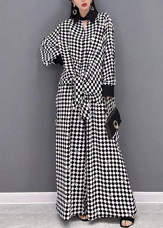 Modern Light Grey Peter Pan Collar Patchwork Chiffon Shirts and Wide Leg Pants Two Piece Suit Set Long Sleeve