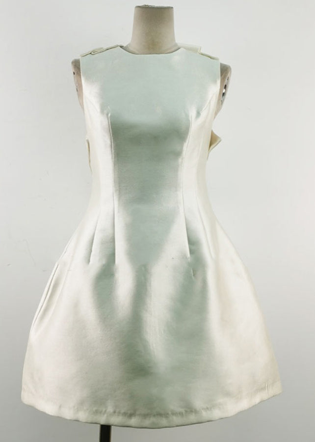 New White Bow High Waist Cotton Party Dress Sleeveless