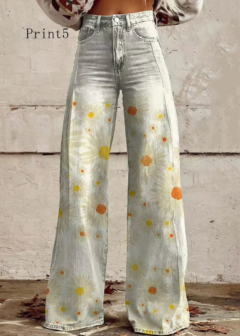 Loose Print High Waist Pockets Denim Pants Spring