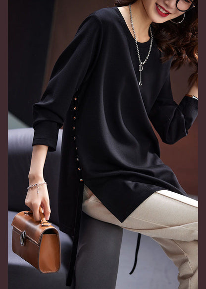 French Black O-neck Side Open Zircon Tops Long Sleeve