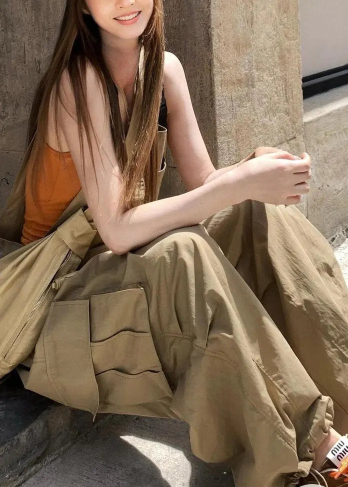 Khaki Pockets High Waist Cotton Jumpsuits Sleeveless
