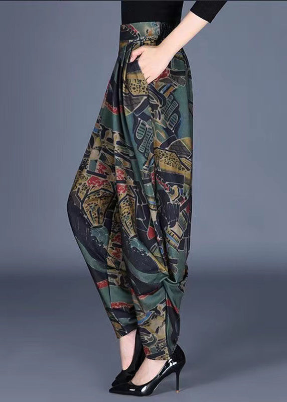 Green Pockets Wrinkled Print Cotton Pants Fall