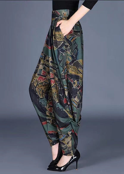 Green Pockets Wrinkled Print Cotton Pants Fall
