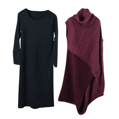 Mulberry Turtleneck Patchwork Asymmetrical Design Fall Two Pieces Set