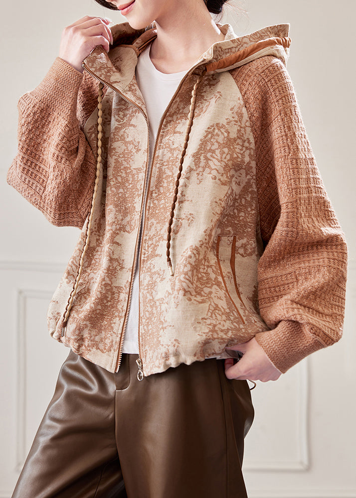 Caramel Hooded Drawstring Knit Patchwork Coat Fall