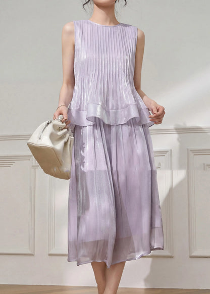 Stylish Purple Wrinkled Top and Maxi Skirts Two Pieces Set Summer