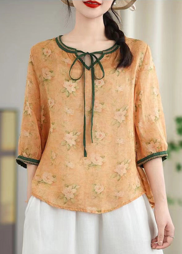 Khaki Print Lace Up Linen Blouses Spring