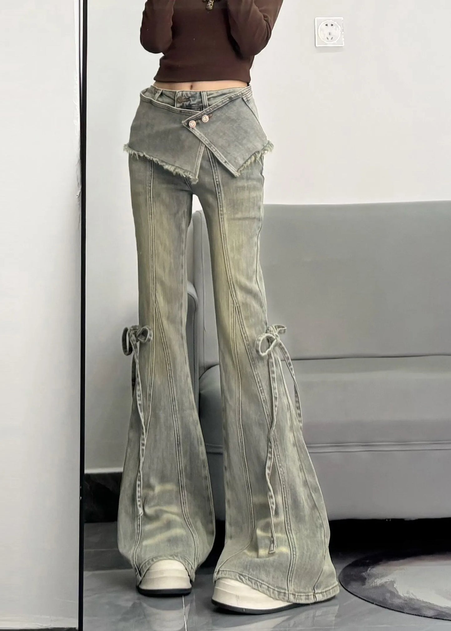 Silm Fit Light Blue Denim Flare Bottoms Pants Skirt Spring