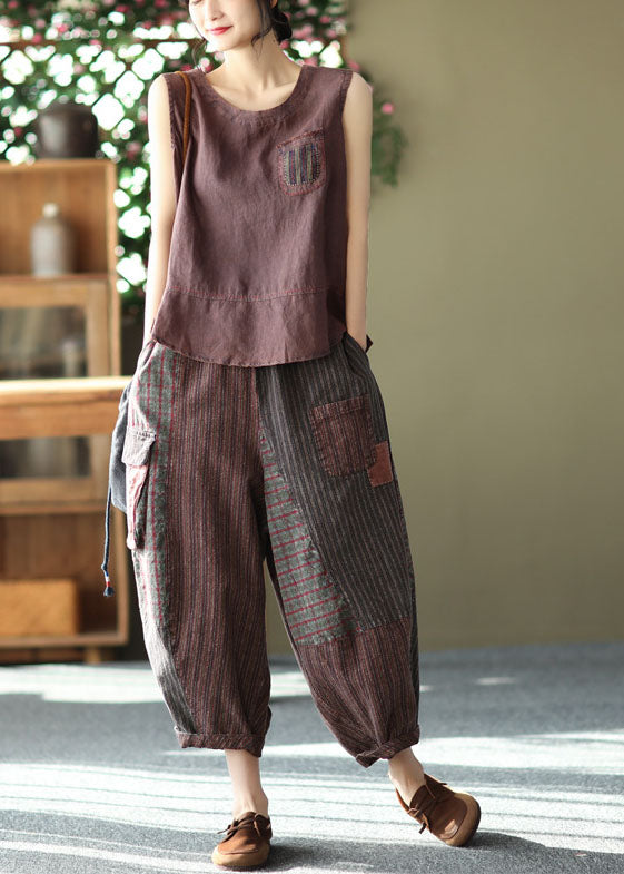 Brown Pocket Patchwork Linen Tanks O-neck Sleeveless