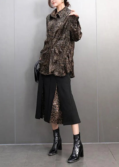 Leopard Peter Pan Collar Button Shirts and Maxi Skirts Two Pieces Set Spring