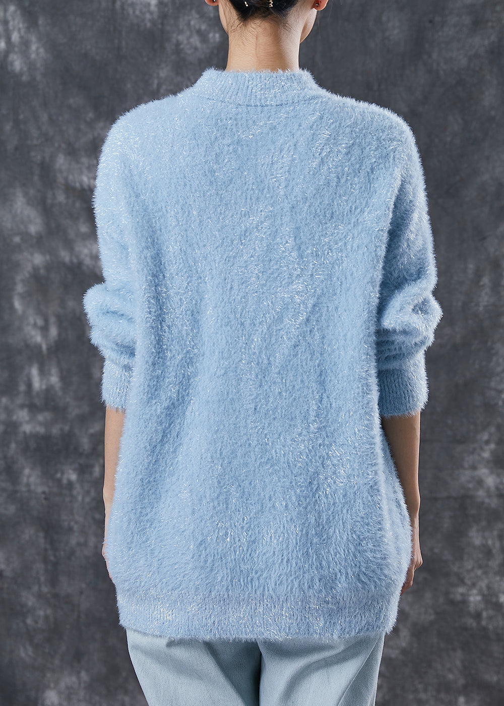 Blue Mink Hair Knitted Sweater Tops Tasseled Hollow Out Winter