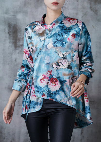Blue Asymmetrical Print Silk Oriental Shirt Fall