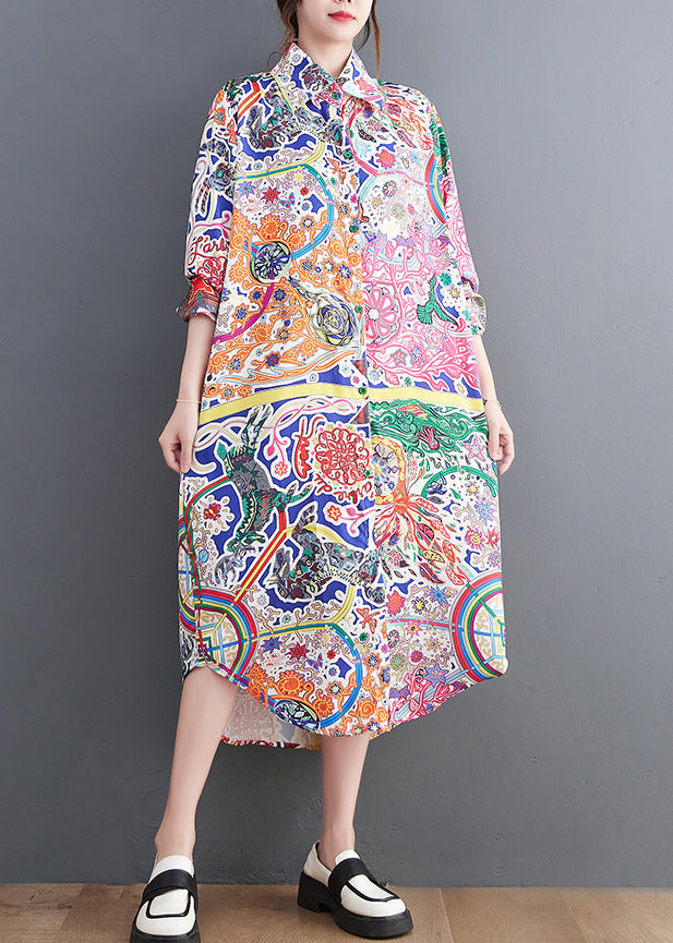 Peter Pan Collar Print Button Maxi Shirts Dresses Spring