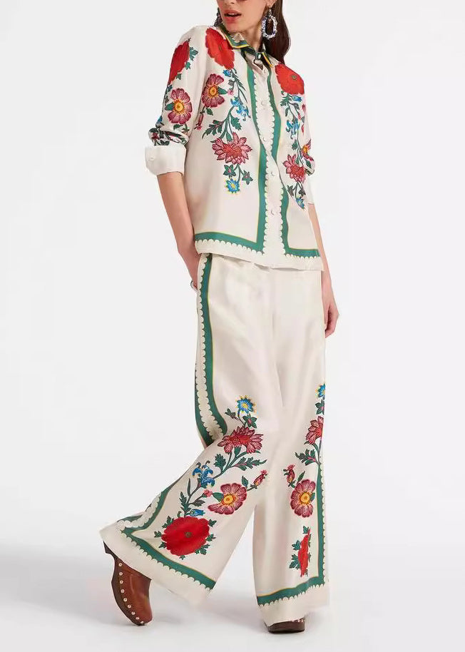Peter Pan Collar Print Ice Silk Two Pieces Set Long Sleeve