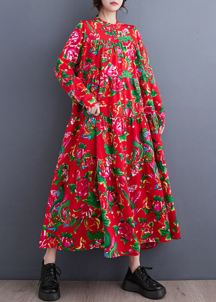 Red Stand Collar Patchwork Wrinkled Maxi Dresses Long Sleeve Spring