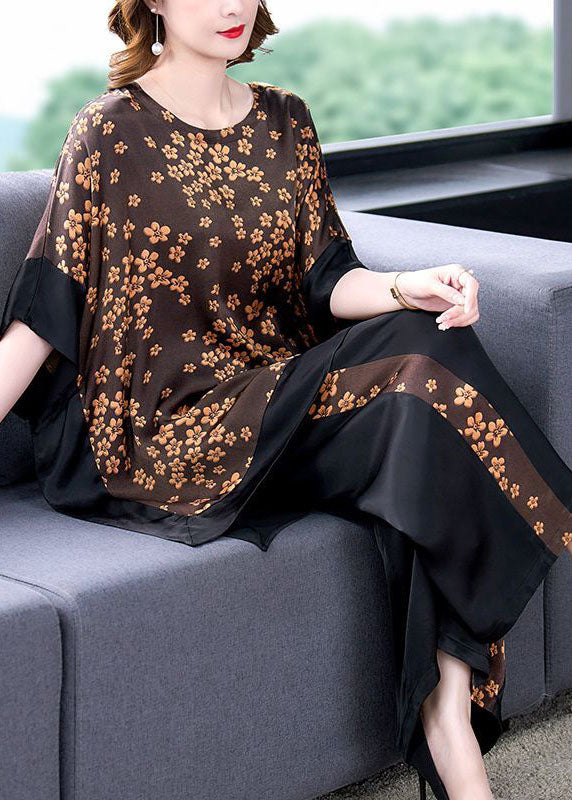 French Coffee Oversized Patchwork Print Silk Two-piece Set Batwing Sleeve