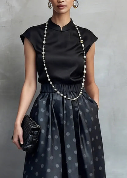 Chinese Style Black Stand Collar Shirts and Dot Skirts Silk Two Piece Set Summer