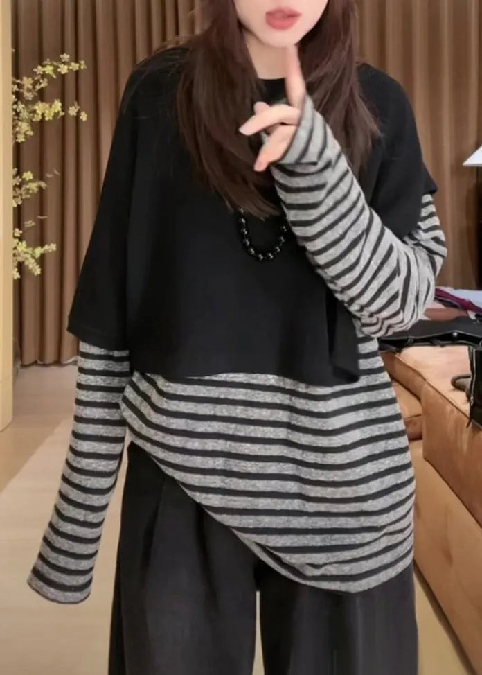Black O Neck Knit Cape and Striped T Hirt Cotton Two Pieces Set Fall