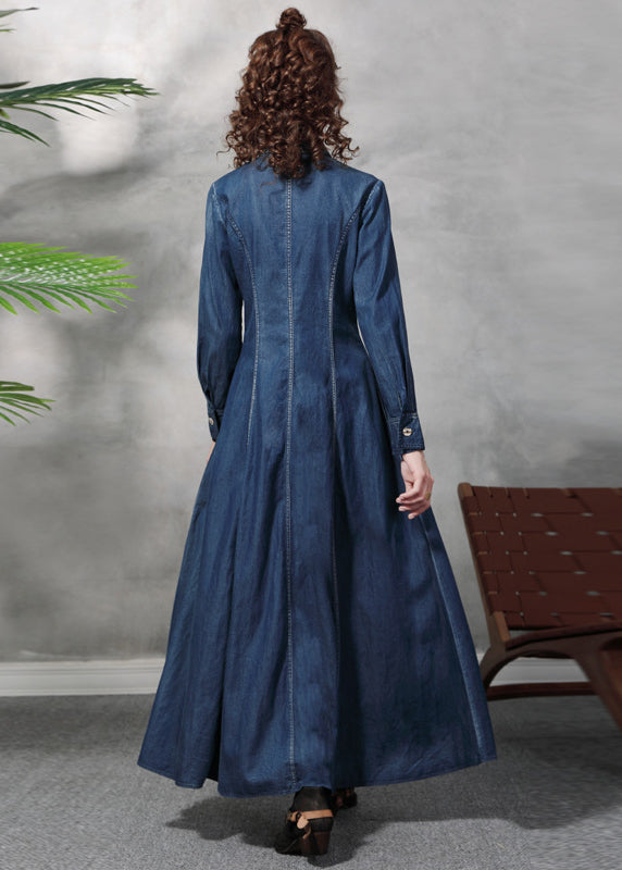 Slim Fit Blue Peter Pan Collar Button Waist Retraction Embroideried Cotton Denim Dresses Long Sleeve