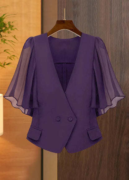 New Black V Neck Button Chiffon Patchwork Coat Butterfly Sleeve