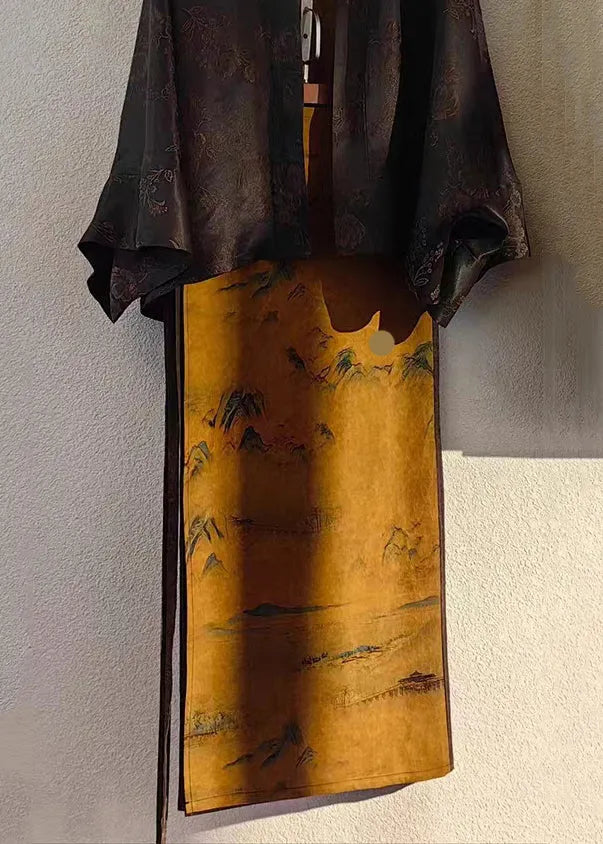 Chinese Style Black Tops and Skirts Patchwork Silk Two Pieces Set Fall