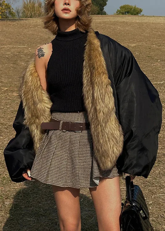 Black Oversized Patchwork Faux Fox Fur Coats Winter