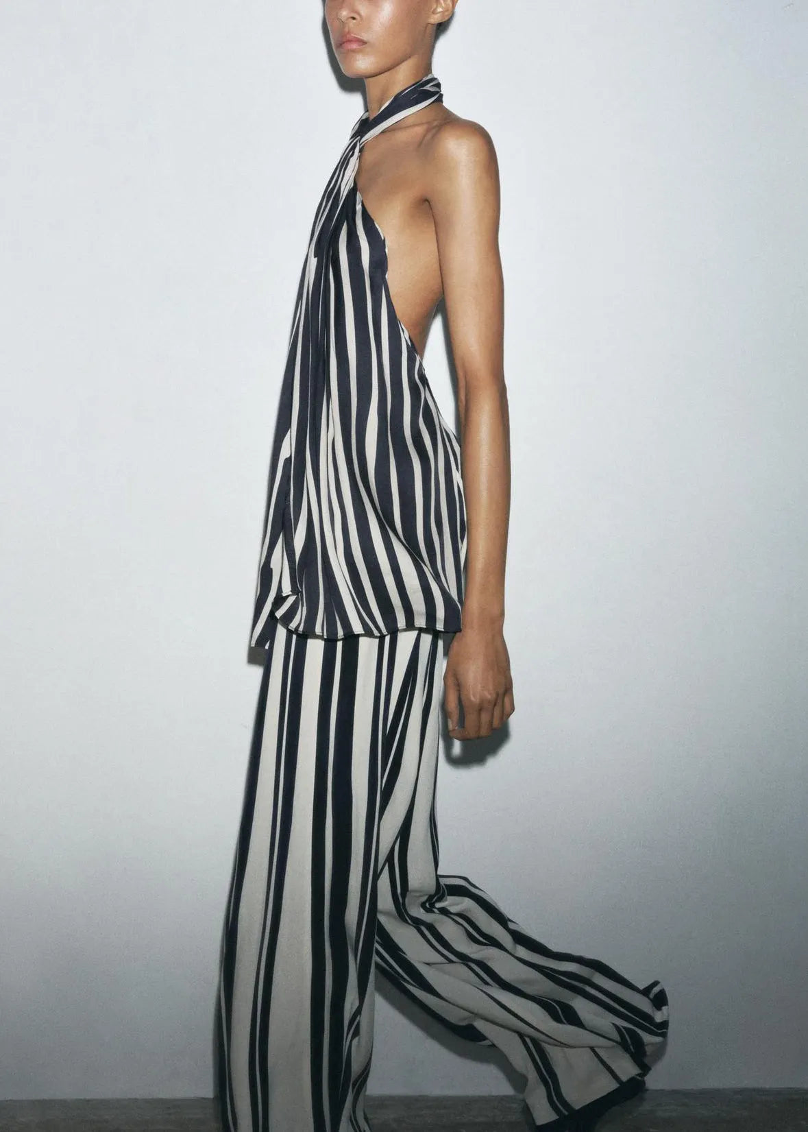 Slim Fit Striped Backless Tank and Pants Cotton Two Pieces Set Sleeveless