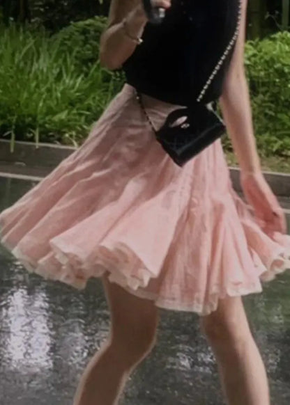 Simple Pink Lace Patchwork a Line Skirt Summer