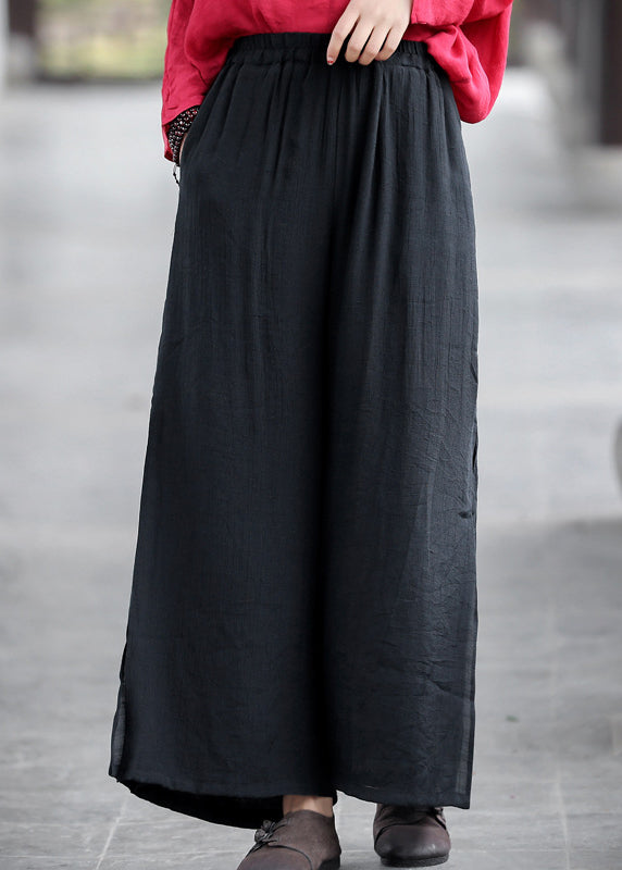 Black Elastic Waist Side Open Double-deck Linen Wide Leg Pants Summer