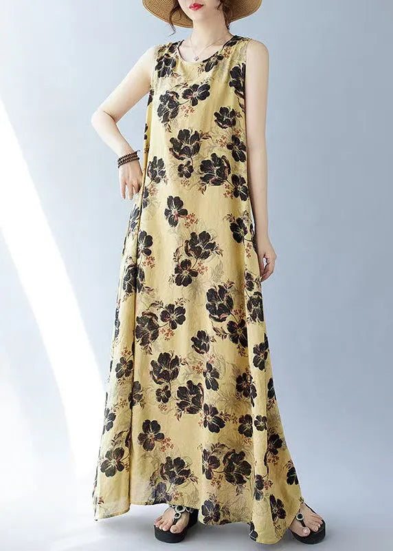 Yellow Oversized Print Cotton Dresses Sleeveless