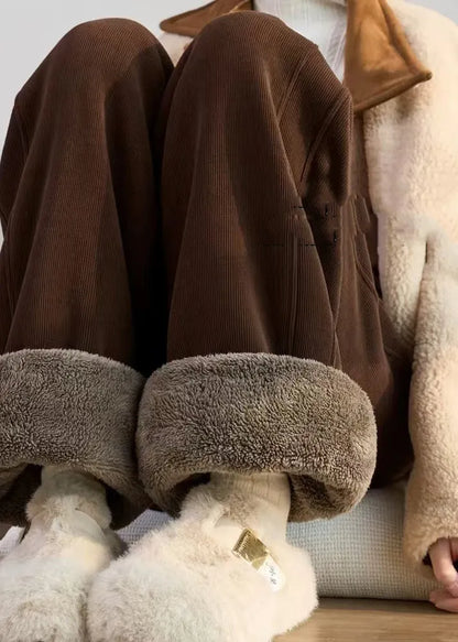 Simple Coffee Pockets Drawstring Warm Fleece Pants Winter