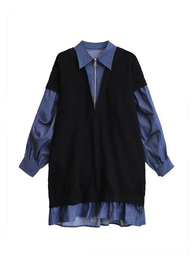 Black Peter Pan Collar Zippered Patchwork Denim Dresses Spring