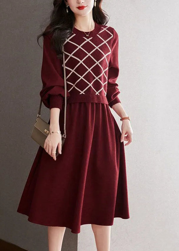 Red O Neck False Two Patchwork Wool Dresses Spring
