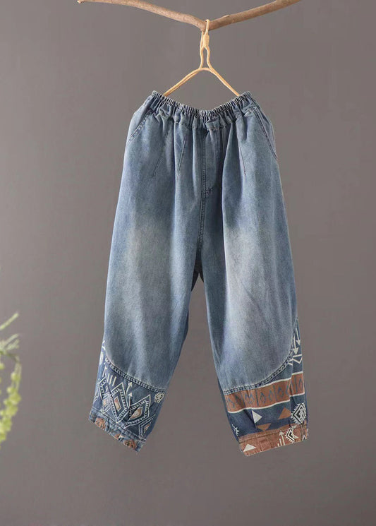 Blue Pockets Elastic Waist Patchwork Denim Crop Pants Summer