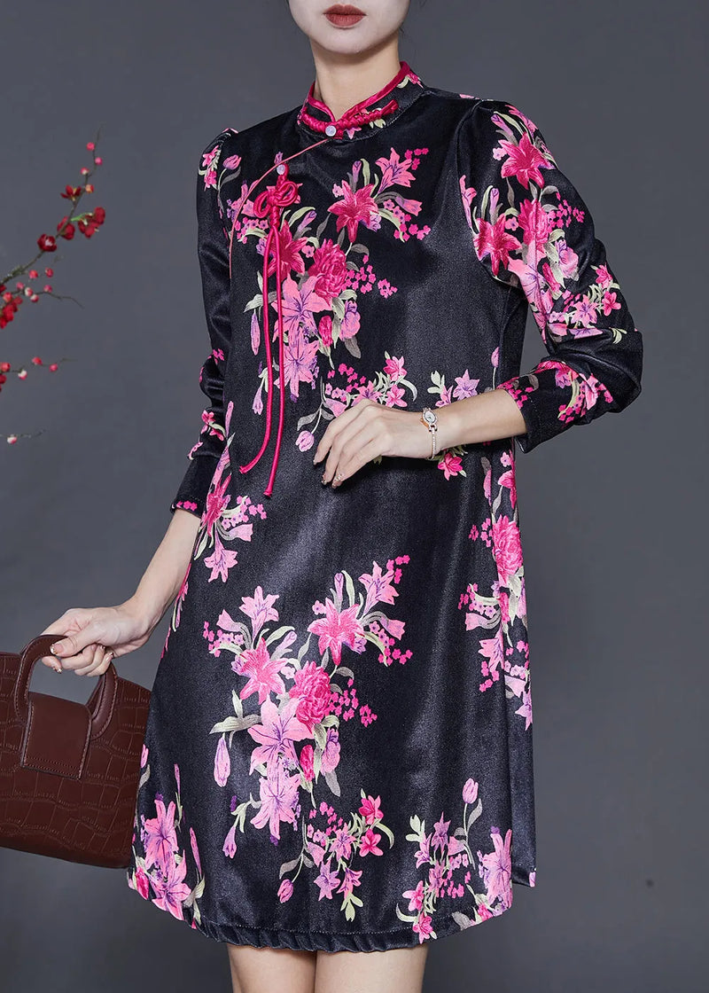 Chinese Style Black Print Silk Velour Mini Dresses Spring