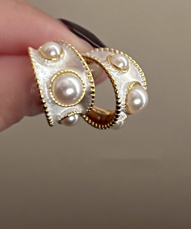 White Sterling Silver Overgild Pearl C Shaped Hoop Earrings