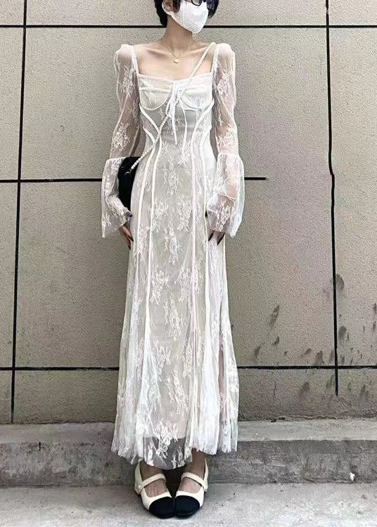 French Black Square Collar Patchwork Lace Long Dress Flare Sleeve